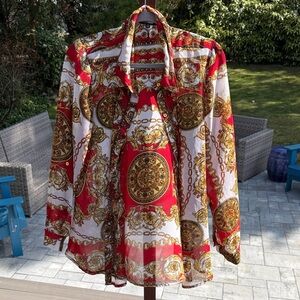 Fashion Nova Red & White Baroque Print Sheer Blouse